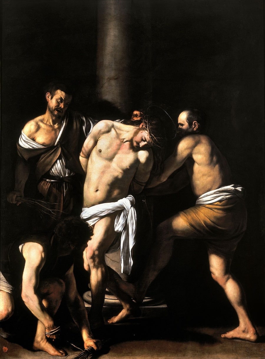 Caravaggio's The Flagellation of Christ: Christ, bound to a column, bends forward as three tormentors surround him in dramatic chiaroscuro.